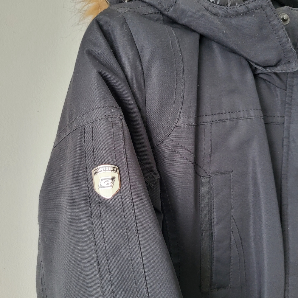 Point Zero black hooded cinched waist mid thigh zip up parka jacket Size S - Picture 5 of 12